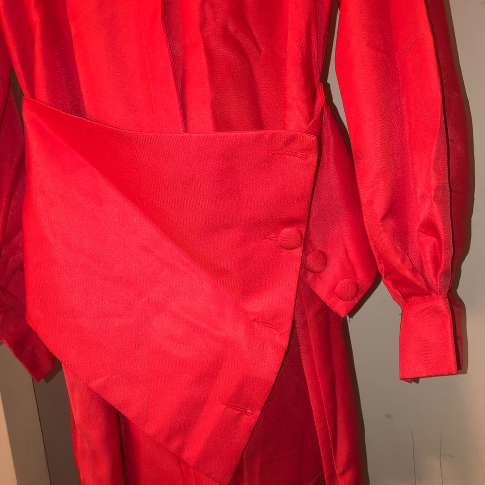 Red detail button shirt dress with lantern sleeves